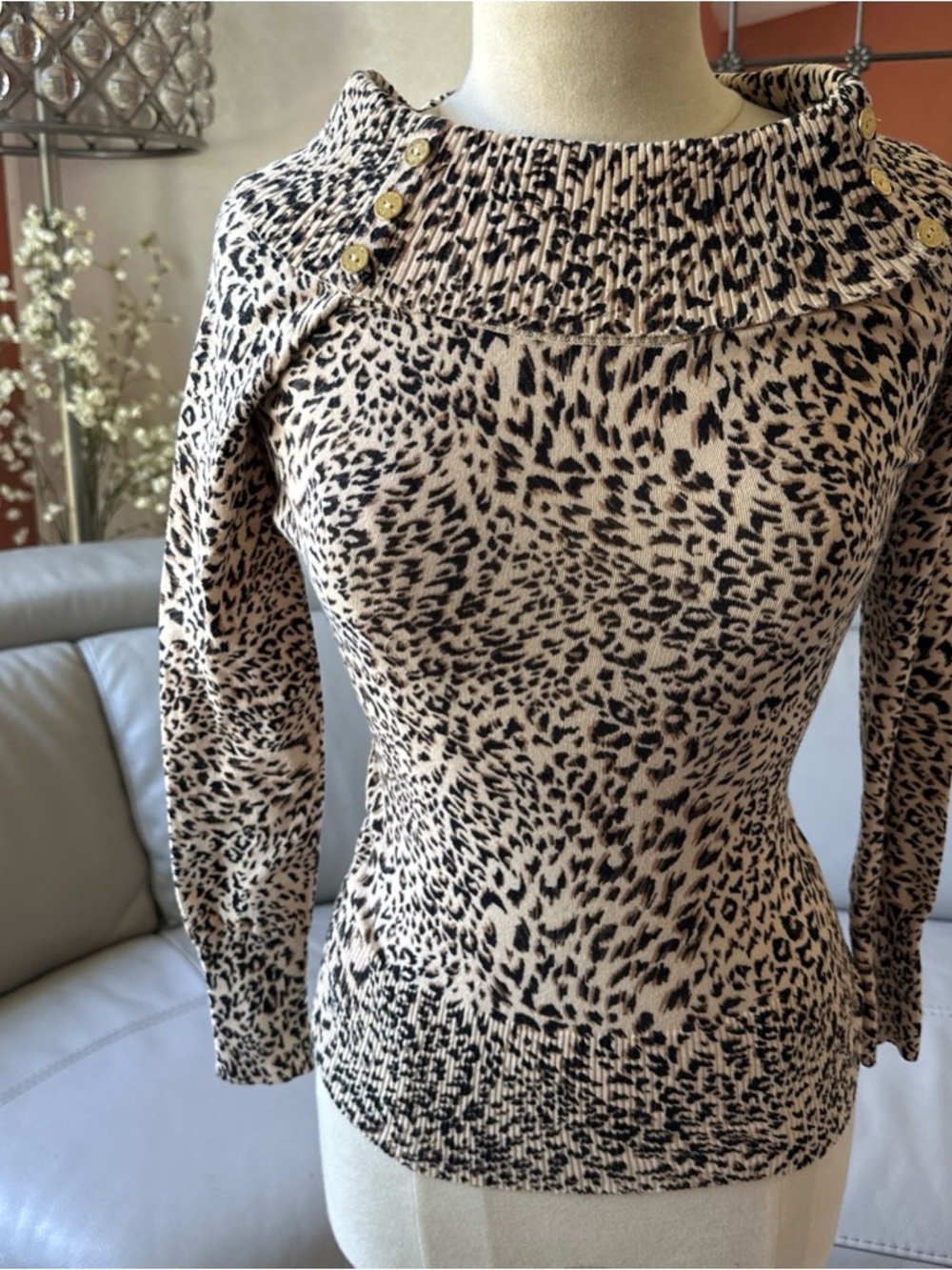 G by Guess Beige and Black Leopard-Print Long-Sleeve Boatneck Top